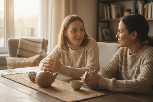 Two friends talking over tea