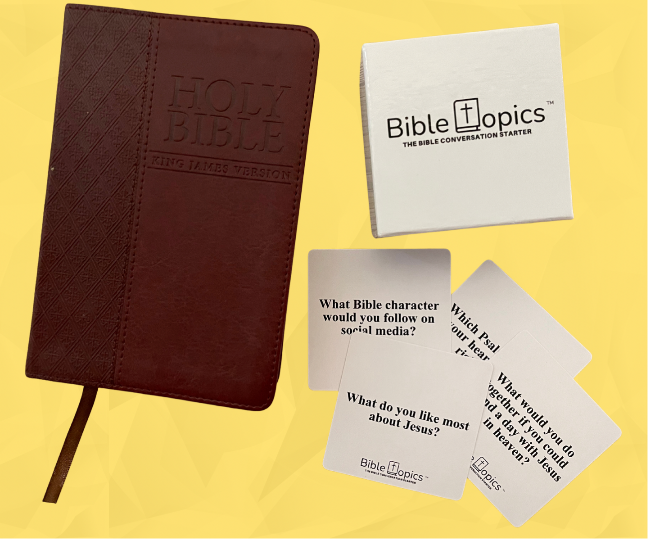 Brown Bible with 'Bible Topics' cards on a yellow background
