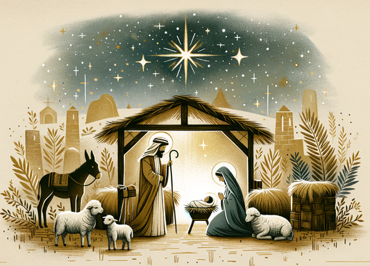 Nativity scene with Mary, Joseph, baby Jesus, and animals against a starry night sky.